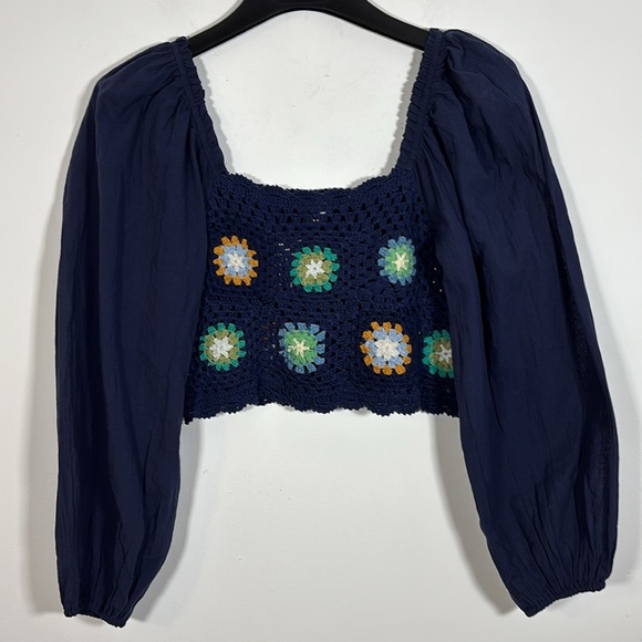 Aerie Peasant Crop Top Cotton Crocheted Granny Square Medium Navy Cottage core - Picture 9 of 9